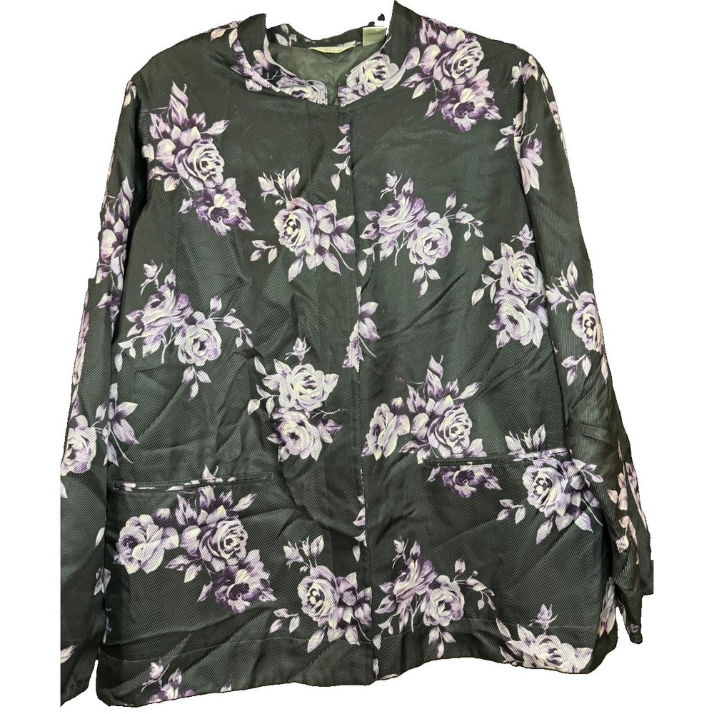 Laura Ashley Woman XL Black Purple Rose Floral Jacket Mandarin Collar Lined Plus